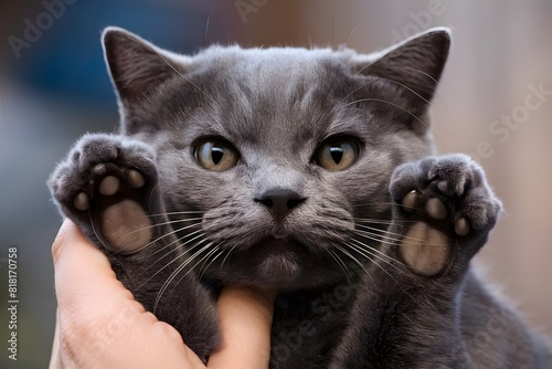 Close up of gray cats face and paws held by hand, showing whiskers and pads
