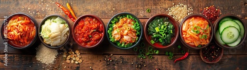 A vibrant overhead shot of a wooden table filled with various bowls of kimchi, including traditional napa cabbage, radish, and cucumber, ample space on the right for text.
