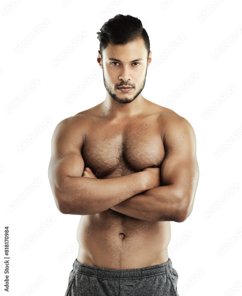 Fototapeta premium Studio, athlete and portrait of man, serious and muscle from exercise, workout and gym for fitness. White background, body builder and person in mockup, training and abs with results for wellness
