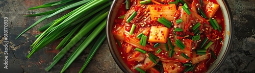 A vibrant  side-lit shot emphasizing the rich reds and greens of traditional and green onion kimchi  set against a simple backdrop  extensive panoramic space above for copy.