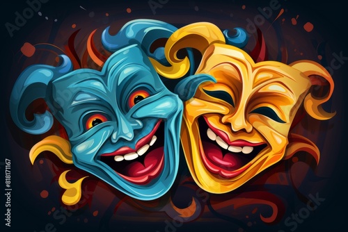 Comedy theatrical masks illustration on black background. Generative AI