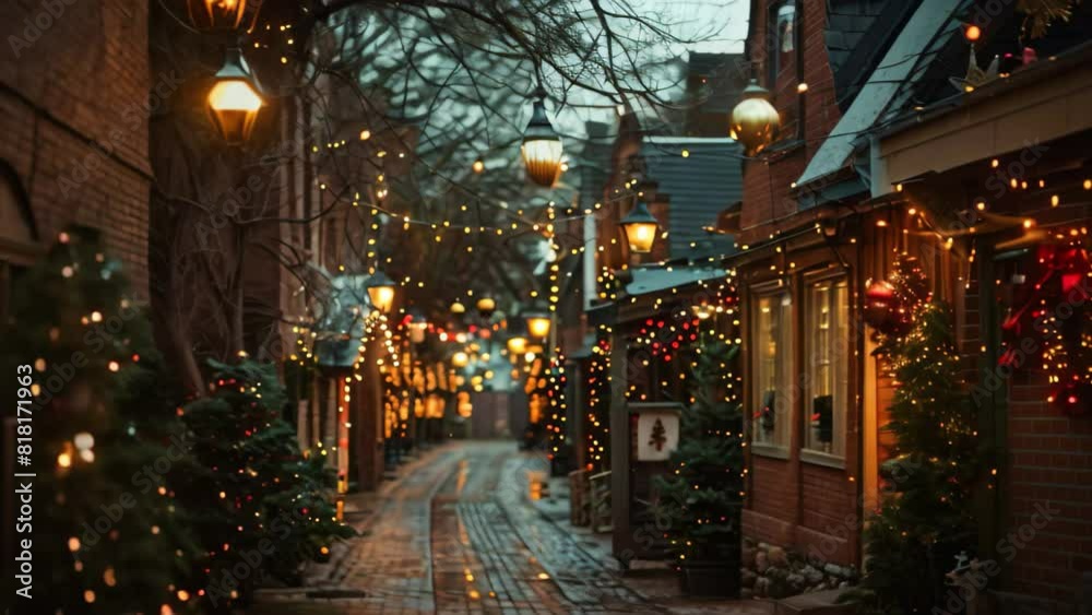 Festive cobblestone street twinkling with Christmas lights creating a warm ambiance, A charming street lined with classic holiday decorations and glowing Christmas lights Festive cobblestone street twinkling with Christmas lights creating a warm ambiance, A charming street lined with classic holiday decorations and glowing Christmas lights