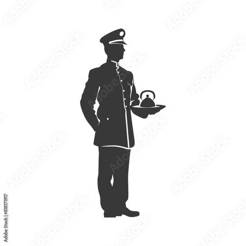 silhouette bellboy hotel in action full body black color only