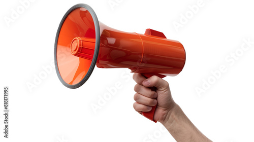 A close-up of a human hand holding a megaphone, isolated on transparent background cutout object .PNG file.