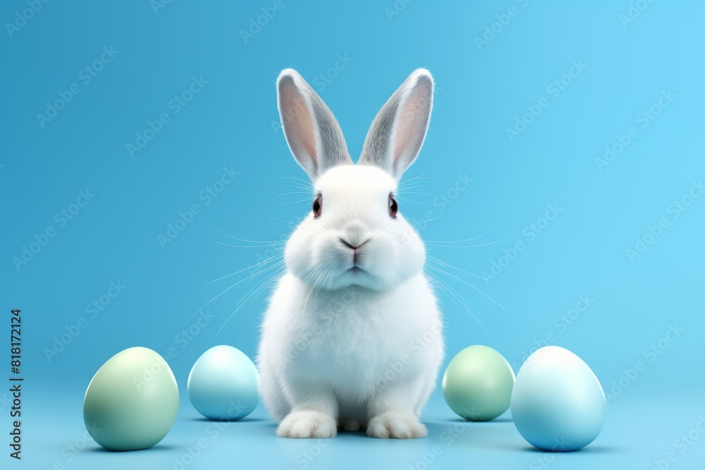Easter white bunny with eggs on blue background illustration. Generative AI Easter white bunny with eggs on blue background illustration. Generative AI