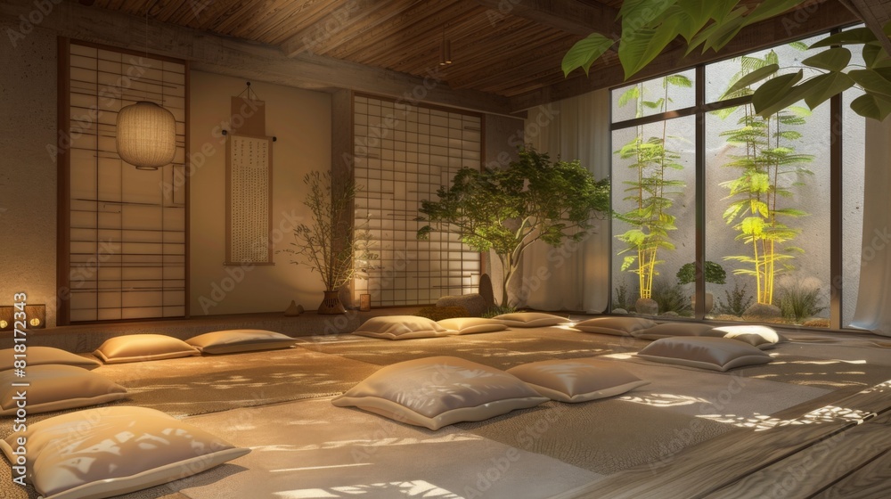 A serene Zen meditation room bathed in morning sunlight, adorned with cushions, bamboo plants, and soft lighting. A serene Zen meditation room bathed in morning sunlight, adorned with cushions, bamboo plants, and soft lighting.