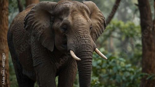 A large, gray elephant stands in a forest.