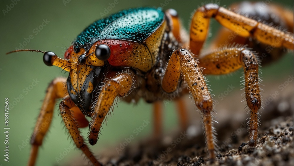 A small, colorful insect with a teal-green head, orange-brown body, and many legs. A small, colorful insect with a teal-green head, orange-brown body, and many legs.