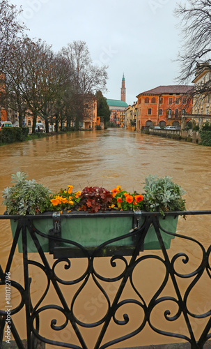 Flowerpot with flowers on the bridge and u flooded river during the flood in the city of Vicenza in Italy and the Civic Tower photo