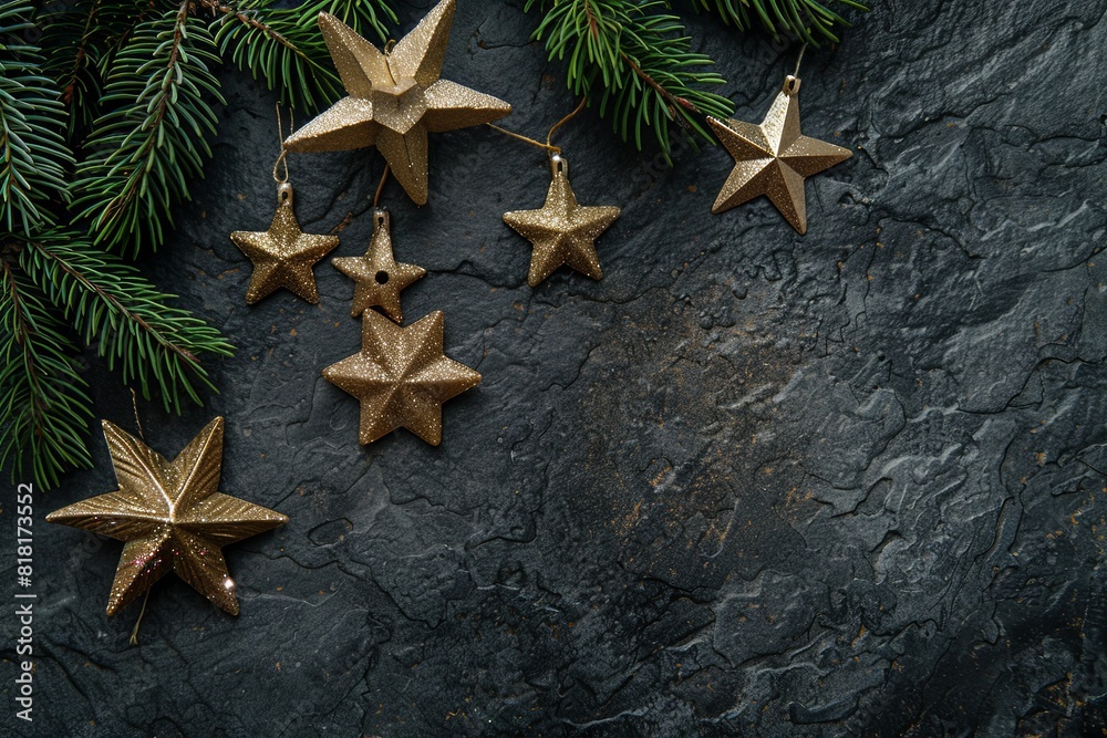 Christmas decorations with stars on dark concrete wall. Festive party flyer Christmas decorations with stars on dark concrete wall. Festive party flyer