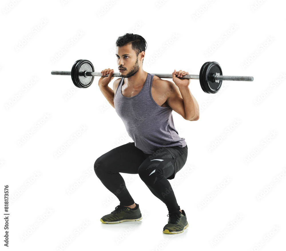 Man, squat and barbell in studio for exercise, balance and training with idea by white background. Person, bodybuilder and weightlifting with equipment in gym for strong legs, health or muscle growth Man, squat and barbell in studio for exercise, balance and training with idea by white background. Person, bodybuilder and weightlifting with equipment in gym for strong legs, health or muscle growth