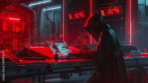 A futuristic depiction of a hooded figure working on a holographic laptop in a dark room
