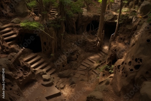 Hidden Shelter: Forest City with Grottos and Stone Stairs in the Woods