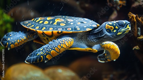 Illustrate the intricate patterns on the sleek, nimble Softshell turtles shell in stunning detail, showcasing its effortless movement through a vibrant underwater world photo