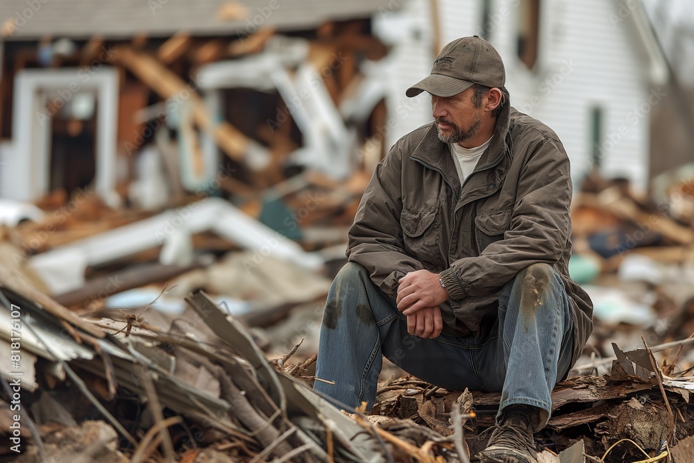A man sits thoughtfully on a mound of debris in a desolate environment. A man sits thoughtfully on a mound of debris in a desolate environment.