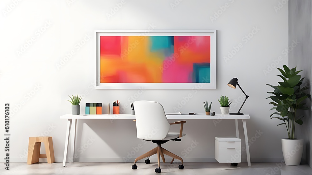 This is a mockup of an office with a blank white frame, presenting a colourful, contemporary mixed-media artwork design. This is a mockup of an office with a blank white frame, presenting a colourful, contemporary mixed-media artwork design.