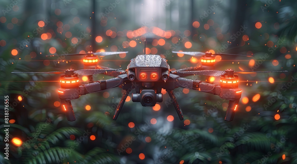 3D rendering of small drone with camera on top, industrial design, product photography, bokeh background, high resolution, professional color grading, cinematic lighting. Generative AI 3D rendering of small drone with camera on top, industrial design, product photography, bokeh background, high resolution, professional color grading, cinematic lighting. Generative AI