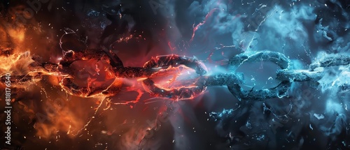 A surreal image of intersecting chains where the red chain is made of molten lava and the blue chain is composed of shimmering ice They connect at the center photo