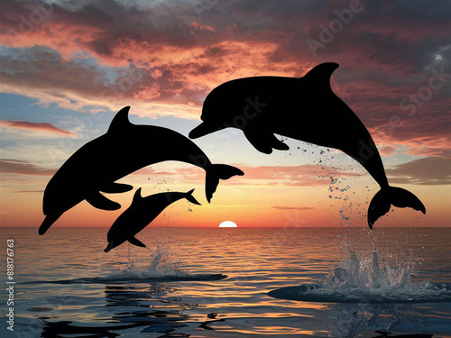 Silhouettes of playful dolphins leaping gracefully out of the water against the backdrop of a breathtaking sunset  painting the sky with hues of orange  pink  and purple