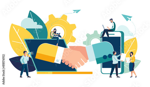 Online conclusion of the transaction. The opening of a new startup. Business handshake, via phone and laptop. Vector illustration in a flat style investor holds money in ideas online vector