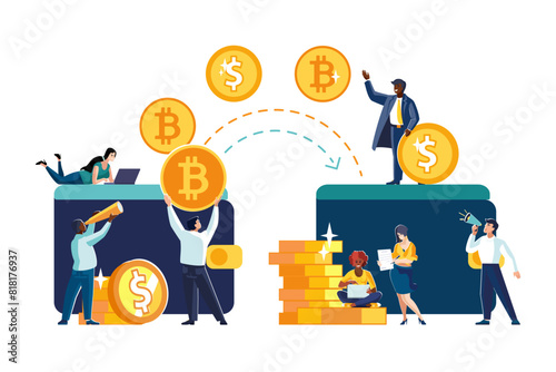 Vector illustrations. Financial transactions, penny transfers, banking transactions, great deals with coins, dollars and bitcoin. Business, ethnic people, African Americans, teamwork.Currency exchange