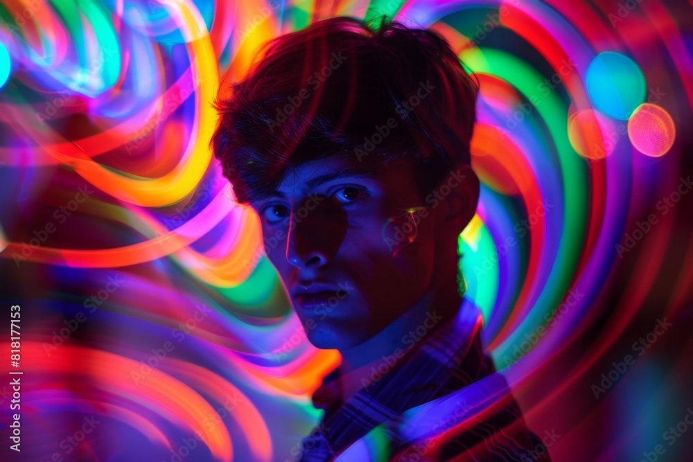 Brightly colored lights are reflected in a man's face Brightly colored lights are reflected in a man's face