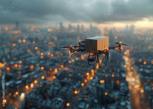 3d rendering of drone carrying box flying over city background for fast delivery concept. Generative AI