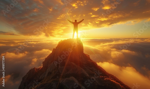 Silhouette of businessman celebrating raising arms on the top of mountain with bright sky and sunlight. concept of leadership successful achievement with goal, growth, up, win and objective target.