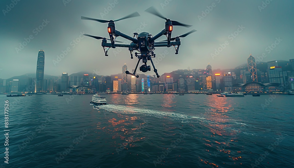 Naklejka premium A drone flying over the city with an underwater camera mounted on it, capturing a wide angle shot of the city skyline in the background in a cinematic style. Generative AI