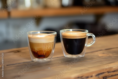 Two cups of coffee  one espresso  resting on a wooden table.