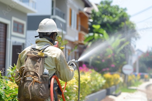 Worker spraying pesticide for pest control exterminator termite