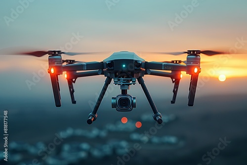 A drone flying in the sky with its camera pointing down, capturing an aerial view against a clear blue background. The scene captures the sleek design and advanced technology used in the style of dron
