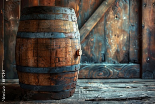 Wine Barrel in Winery Cellar, Old Whiskey, Alcohol Keg, Wine Barrel Mockup, Abstract Generative AI Illustration © artemstepanov