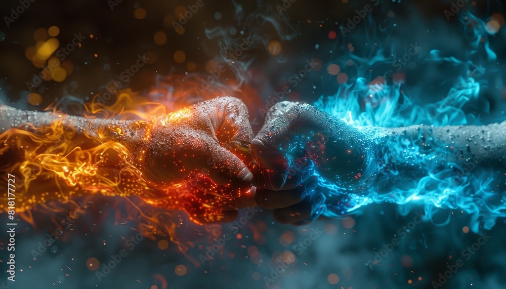 Two hands are shown in a boxing match, with one hand being red by AI generated image