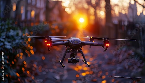 A drone with a camera flying in the sky, in the style of real photo with a blurred background, sunset light, mountains on the horizon, high resolution. Generative AI