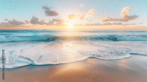 A serene beach at sunrise, with golden sand, gentle waves, and the first light of the day reflecting off the calm ocean, evoking a sense of tranquility and peace 