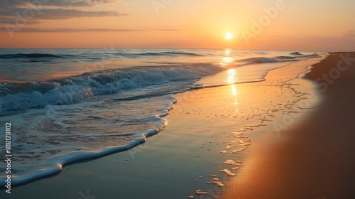 A serene beach at sunrise, with golden sand, gentle waves, and the first light of the day reflecting off the calm ocean, evoking a sense of tranquility and peace 