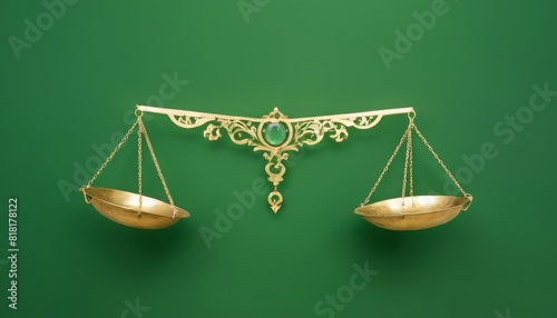 A beautifully crafted gold balance scale set against a vivid green backdrop, highlighting the elegance and symmetry of the design with a luxurious feel.
