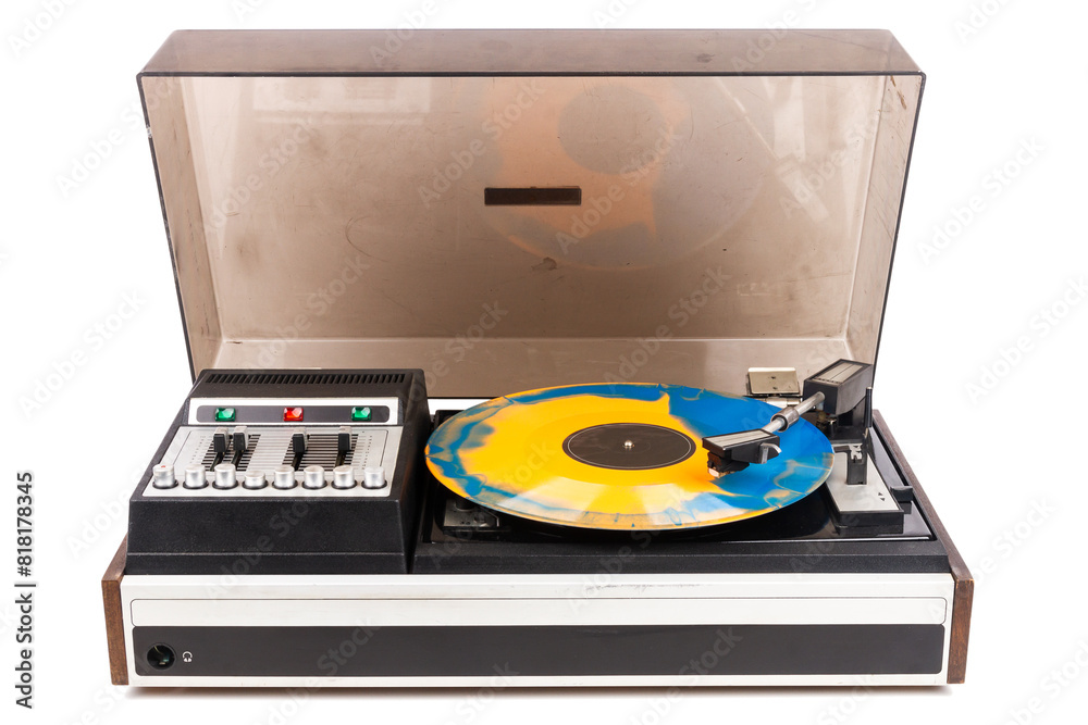 Fototapeta premium Vintage turntable record player with blue and orange vinyl