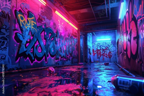 Graffiti covered wall with a can of paint and neon lights