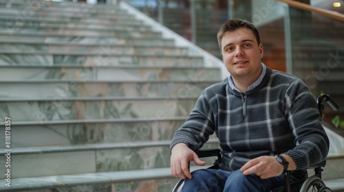 Young discouraged Caucasian man in a wheelchair in front of a staircase, searching for an accessible route.