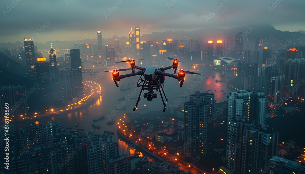 A drone with high resolution cameras and vision technology floating above the city, taking high-definition photographs from an aerial perspective with a wide-angle lens. Generative AI A drone with high resolution cameras and vision technology floating above the city, taking high-definition photographs from an aerial perspective with a wide-angle lens. Generative AI