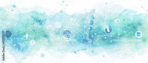 A watercolor clipart of a hospital or laboratory background with a digital interface overlay The interface features a circular network of medical icons connected by soft photo