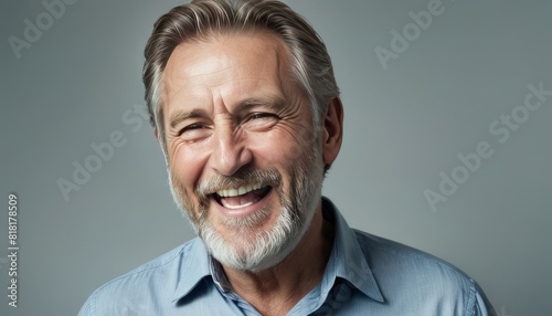 A portrait of an elderly man with a joyous expression, laughing heartily, his face showing lines of a well-lived life against a grey background. photo