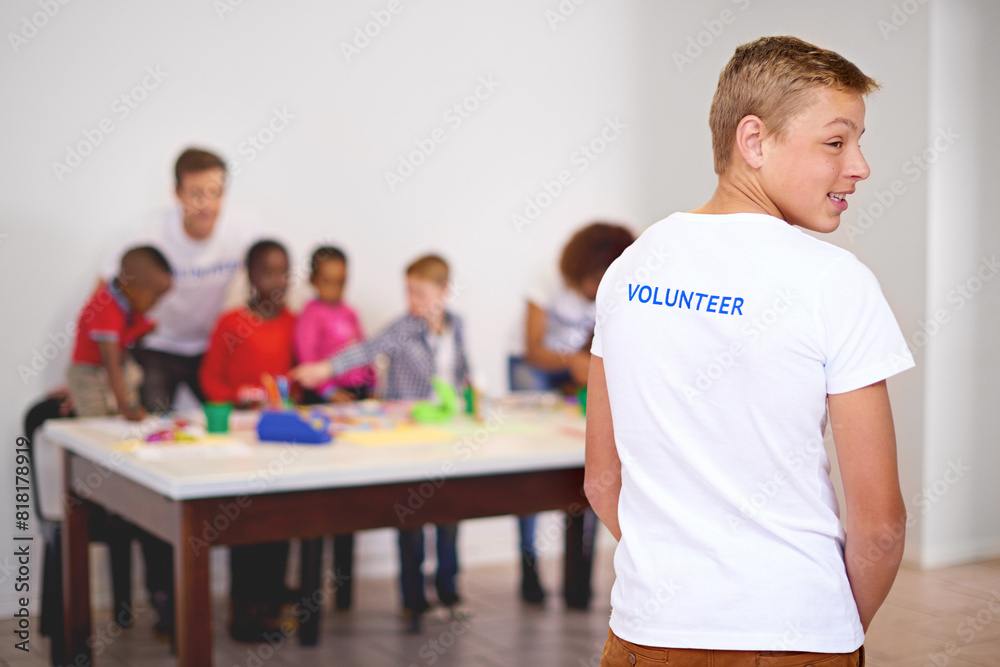 Volunteer, charity and boy with help, children and orphanage with people, adoption and community service. Group, kids and playful with support, solidarity and shelter with teamwork and collaboration Volunteer, charity and boy with help, children and orphanage with people, adoption and community service. Group, kids and playful with support, solidarity and shelter with teamwork and collaboration