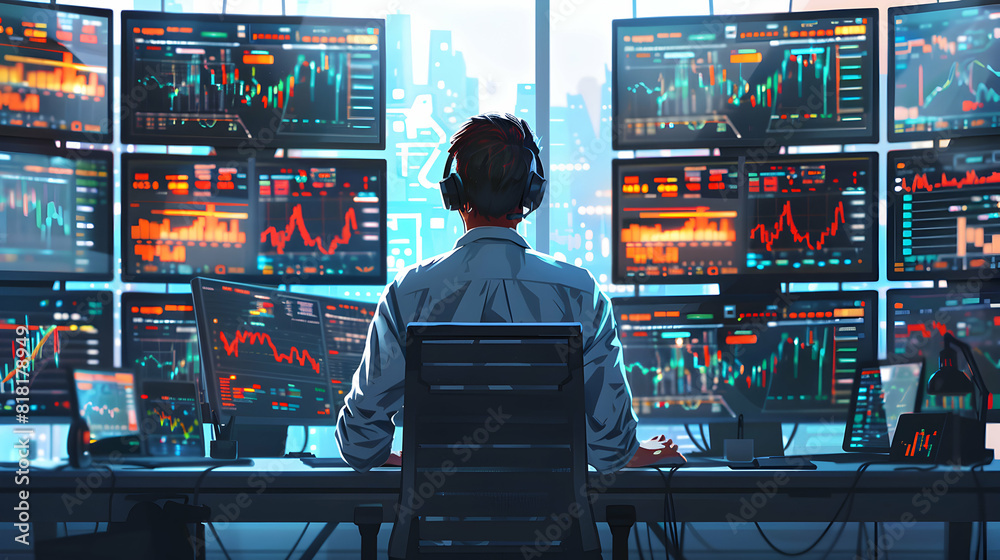 3D Cartoon Trader Monitoring Multiple Screens in High Tech Office, Emphasizing Advanced Technology Real Time Data for Modern Trading 3D Cartoon Trader Monitoring Multiple Screens in High Tech Office, Emphasizing Advanced Technology Real Time Data for Modern Trading