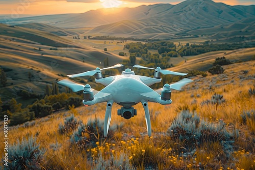 A white drone with cameras flying over farmland  providing an aerial view with high resolution photography in the style of professional color grading. Generative AI