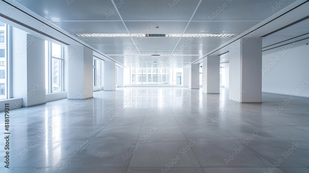 Empty office space with large windows and modern lighting, providing a bright and clean environment.