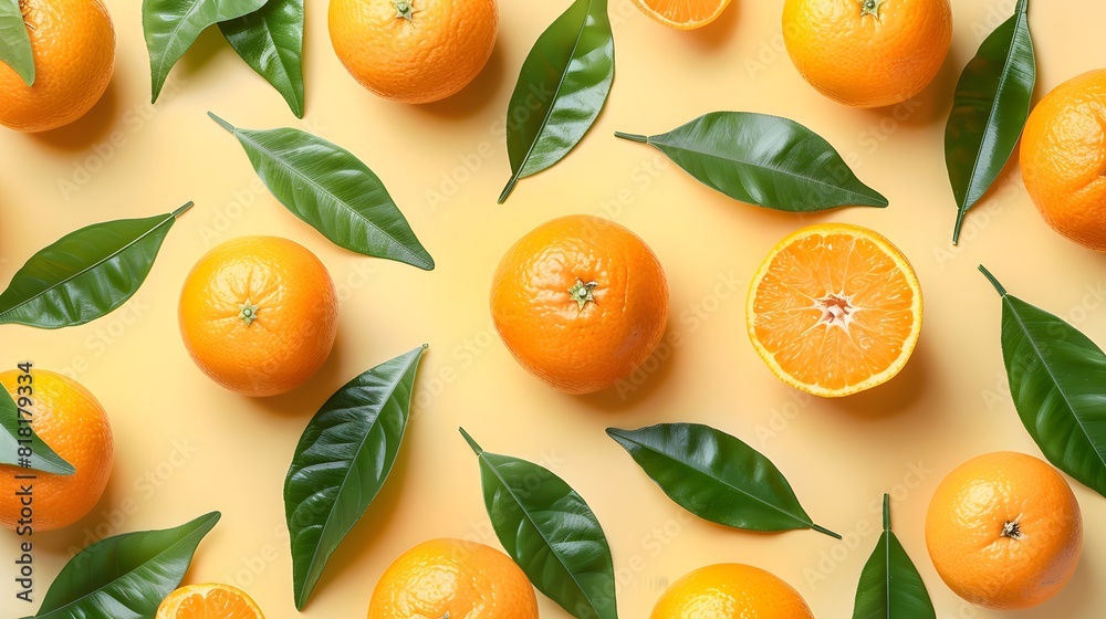 Creative summer pattern made of oranges and green leaves on pastel yellow background. Fruit minimal concept. Flat lay. Creative summer pattern made of oranges and green leaves on pastel yellow background. Fruit minimal concept. Flat lay.
