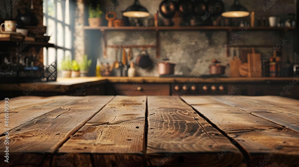 Rustic wooden table set against a kitchen backdrop, ideal for food photography and kitchen product showcases, with a blur enhancing the room's ambiance